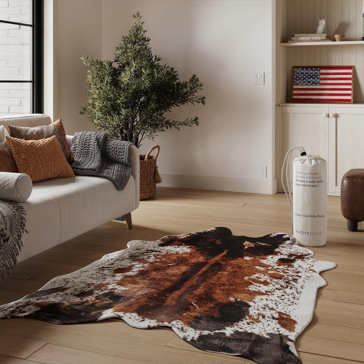NativeSkins faux cowhide rug styled in a room